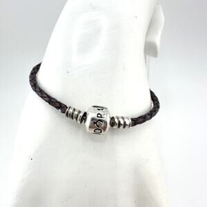 Pandora 925 Sterling Silver Purple Braided Leather Charm 6.25” Bracelet
